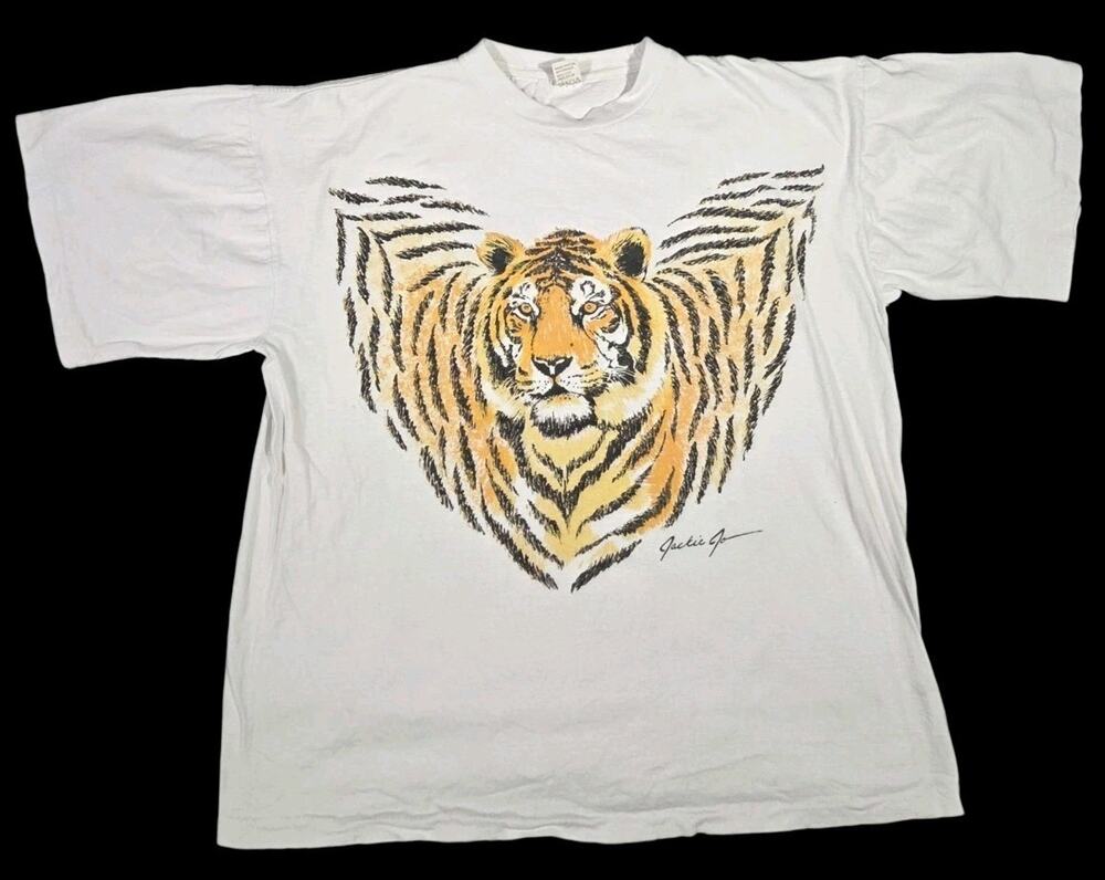 90s Jackie Jo Tiger Art Print T-Shirt White Streetwear Nature Animal Adult XL